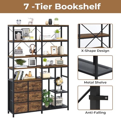 7-Tier Industrial Corner Bookshelf with Fabric Drawers - Rustic Brown