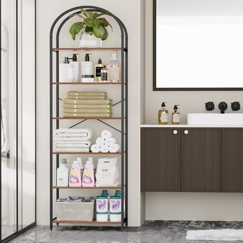 Homhedy 6-Tier Arched Wood & Metal Bookshelf, Tall Standing Display Unit, Rustic Brown