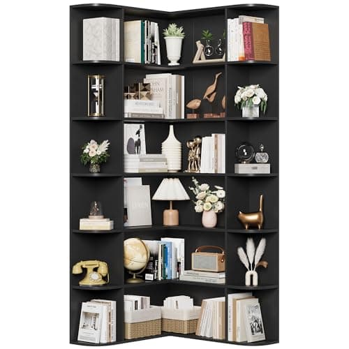 Fotosok 74" L-Shaped Tall Corner Bookshelf, 6-Tier Black Wood Storage