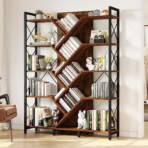 YITAHOME Rustic Brown 5-Tier Large Tree Bookshelf for Living Room and Office