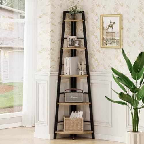 BON AUGURE Rustic Oak 5 Tier Industrial Corner Bookshelf
