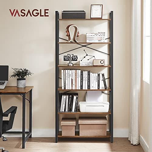 VASAGLE Industrial Style 6-Tier Bookshelf, Rustic Brown & Ink Black, 11.8x31.5x73.2 Inches