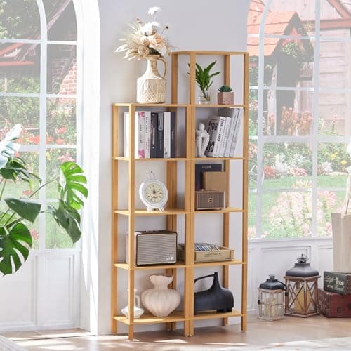 66in Tall Narrow Bookshelf with Storage, Farmhouse Style, Wood Display Shelf for Living Room, Natural Wood