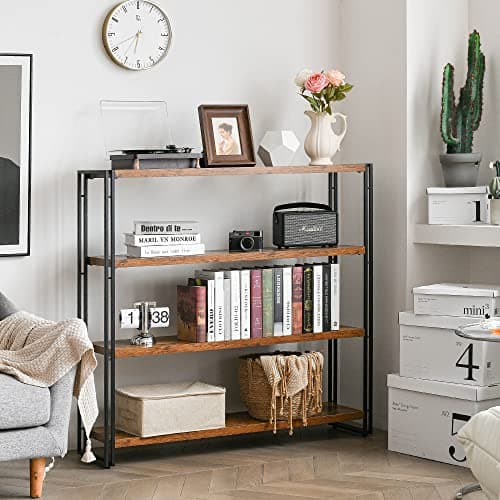 4-Tier HCHQHS Industrial Wood & Metal Bookshelf, Home Office & Bedroom Organizer