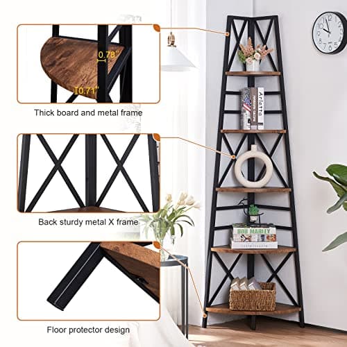 72 Inch Industrial Rustic Brown Corner Shelf Stand for Home and Office