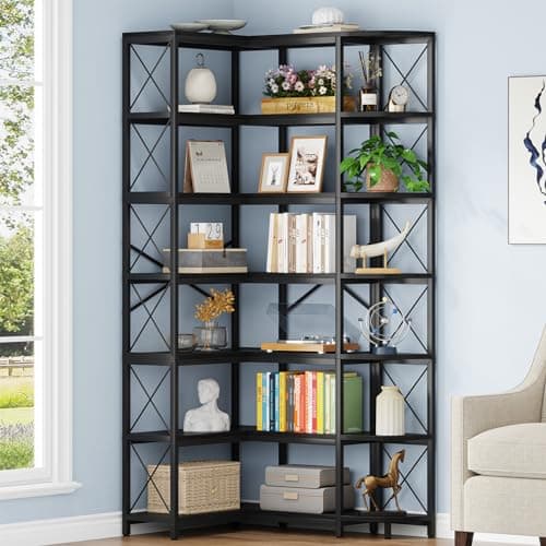 Modern Industrial 7-Shelf Reversible Corner Bookshelf with Metal Frame, Rustic Brown for Living Room, Home Office, Bedro