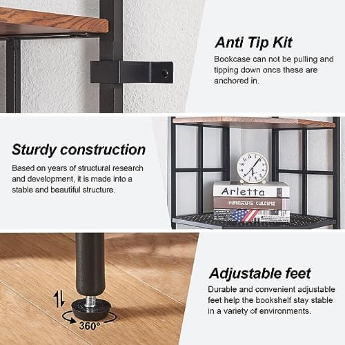Industrial Corner Shelf for Home Office and Living Room - Brown