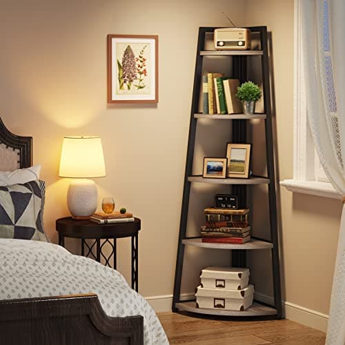 Tribesigns Grey 5 Tier Industrial Corner Ladder Shelf, 70 Inch Tall, Ideal for Living Room, Kitchen, Home Office