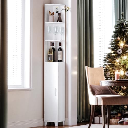 MOHOPE 74.8" Tall Corner Cabinet with Door, 5-Tier White Display Shelf
