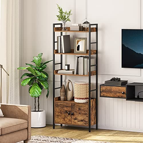 HOOBRO BF46SJ01 4-Tier Rustic Brown Bookshelf with Doors