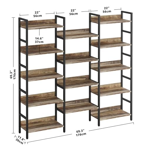 IRONCK Triple Wide 5 Tiers Industrial Bookshelf with Metal Frame