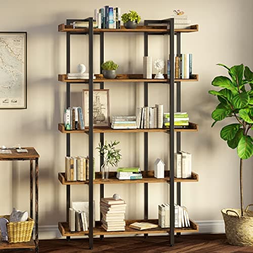 Rolanstar 5-Tier Industrial Bookshelf, Large Rustic Brown Home Office Shelf