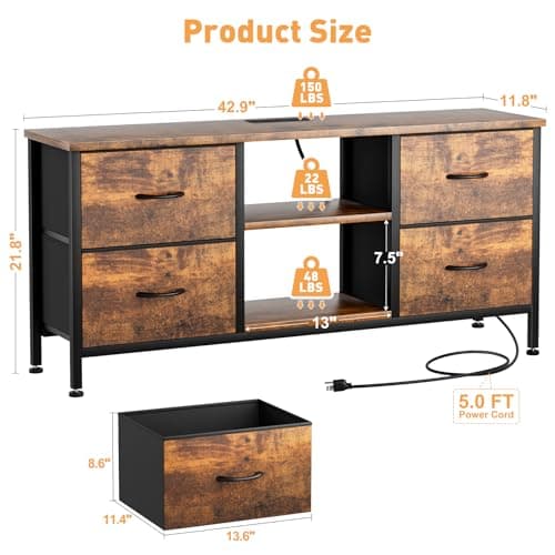Rustic Brown TV Stand with Power Outlet and Drawer Storage for 50 TVs