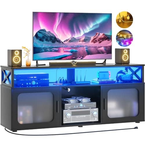 Modern TV Stand for 55-60 Inch TV with LED Light, Charging Station, and Soundbar Shelf