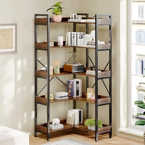 Modern 5-Tier Rustic Brown L-Shaped Bookshelf for Living Room/Office/Bedroom