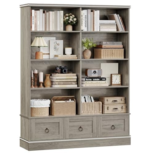 HOSTACK Farmhouse 47" Wide Bookcase with Drawers & 5 Tier Shelves, 63" Tall Storage UnitAsh Grey
