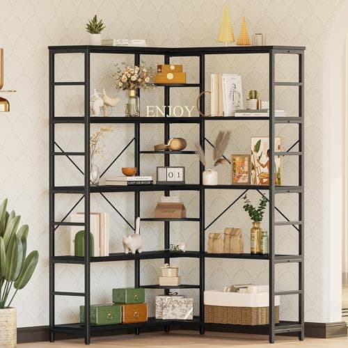IRONCK 5-Tier Curved Corner Bookcase, Black, for Living Room and Home Office