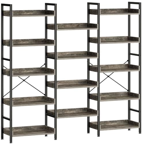 Rolanstar Industrial Wide Bookshelf with Metal Frame, Rustic Brown, 4 Tiers + 4 Hooks