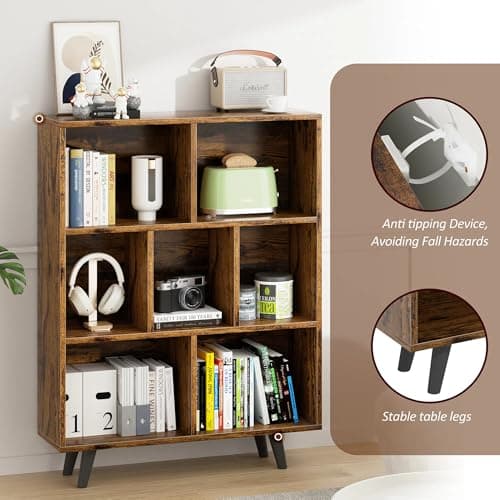 Vongrasig 7 Cube Bookshelf, Mid-Century Modern Wooden Storage Organizer