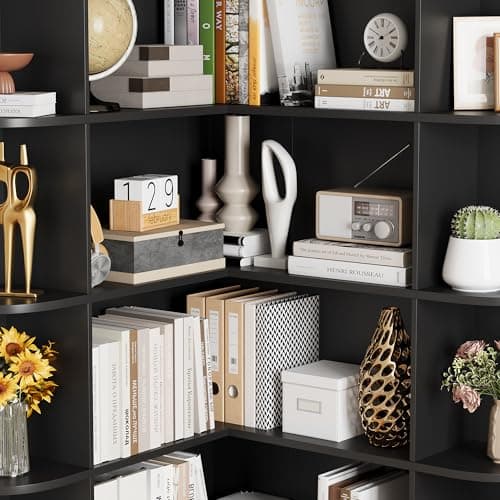 Fotosok 74" L-Shaped Tall Corner Bookshelf, 6-Tier Black Wood Storage