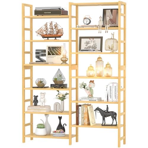 Homykic 6-Tier Double Wide Bamboo Bookshelf, 6ft Tall for Home Office, Bedroom, Living Room, and Plants