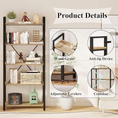 FATORRI Rustic Oak 5 Tier Bookshelf