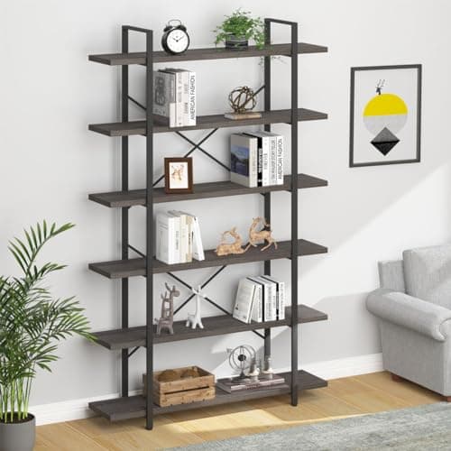 HSH Industrial Modern 6 Shelf Tall Bookcase, Rustic Brown for Living Room & Office
