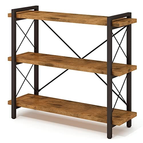 HCHQHS 3-Tier Rustic Wood and Metal Bookshelf