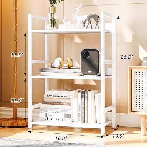 Rustic White 3-Tier Bookshelf, 100 lb Capacity, Small Space Storage