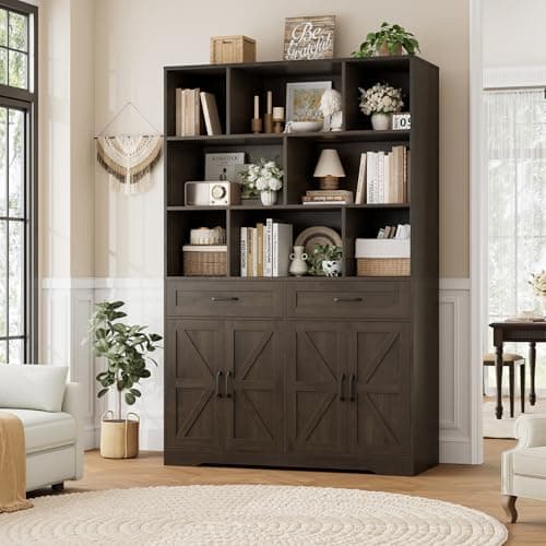 HOSTACK 71" Tall Dark Brown Bookcase with Drawer and Door