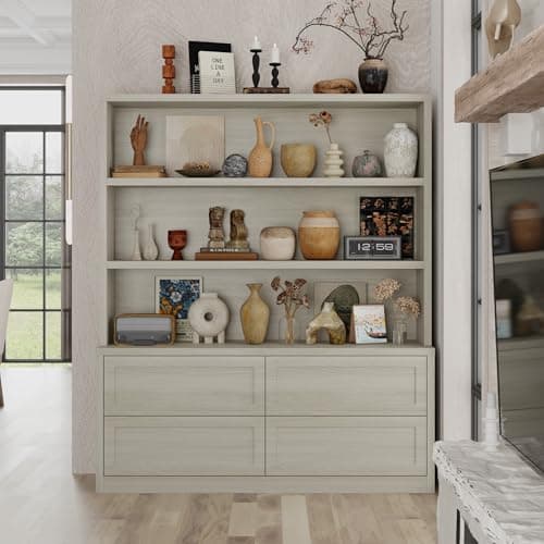 Homsee Grey 3-Tier Drawer Bookshelf, Wooden Display Cabinet, 11.8" D x 63" W