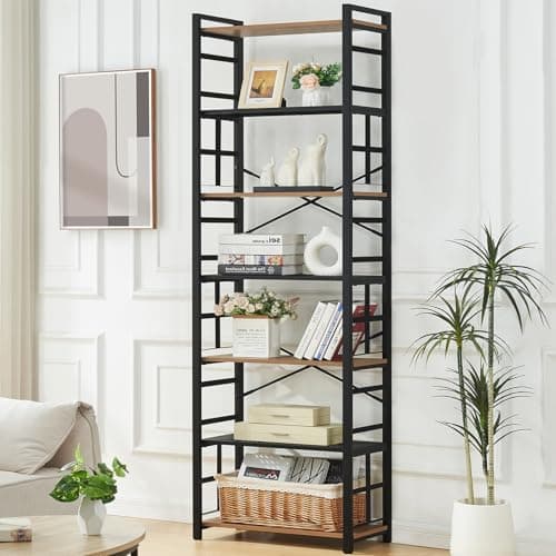 Industrial 6 Tier Bookshelf with Metal Frame - Rustic Brown