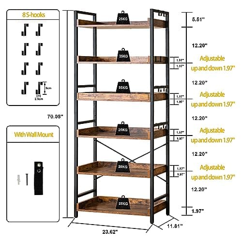 HCHQHS Adjustable 6-Tier Rustic Farmhouse Bookcase for Home Office