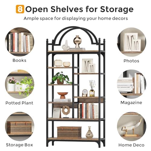 8-Tier Industrial Arched Bookshelf, 71 Inch Tall, Rustic Brown, Ideal for Living Room, Bedroom, and Home Office