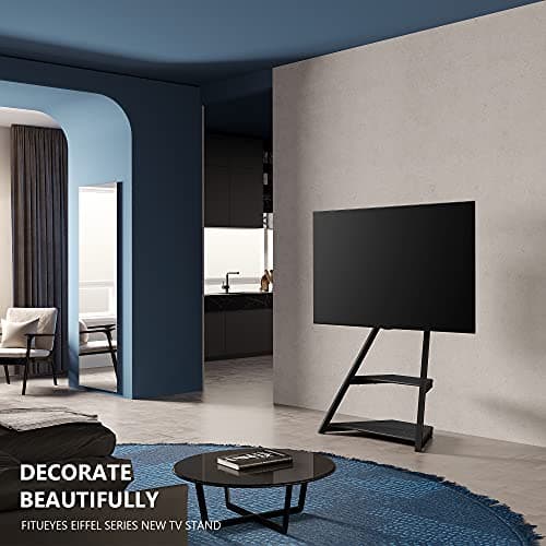 FITUEYES Eiffel Series Corner TV Stand with Wheels, Black, for 43-75 Inch TVs