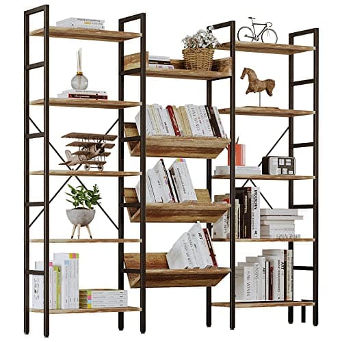 IRONCK Industrial Triple Wide 5 Tiers Bookshelf with Metal Frame for Living Room and Home Office