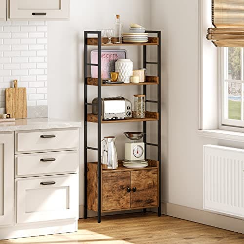 HOOBRO BF46SJ01 4-Tier Rustic Brown Bookshelf with Doors