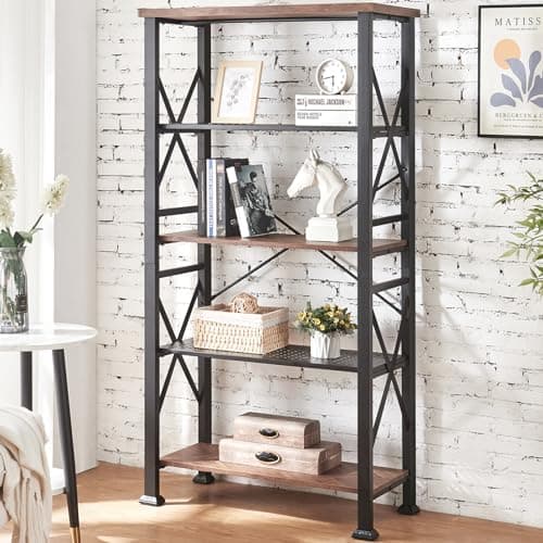 HOMBAZAAR 5 Tier Tall Rustic Bookshelf, Metal Frame, Brown, Living Room, Bedroom, Home Office