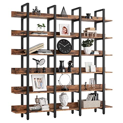 IRONCK Triple Wide 6 Tiers Bookcase, Vintage Brown for Home Office