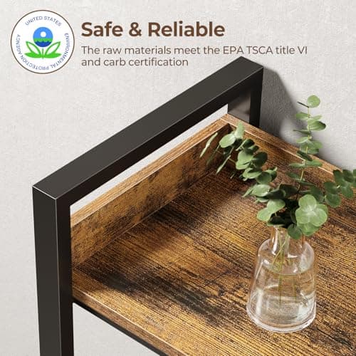 Rolanstar Industrial Wide Bookshelf with Metal Frame, Rustic Brown, 4 Tiers + 4 Hooks