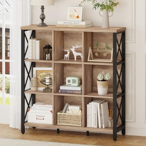 FATORRI 9 Cube Storage Bookshelf, Walnut Brown, Modern 4-Shelf Home Office