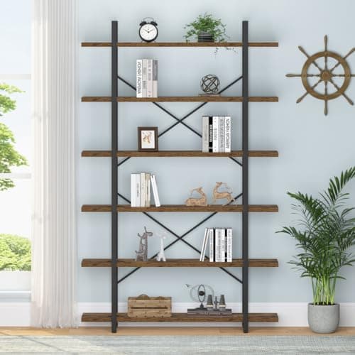 HSH Industrial Modern 6 Shelf Tall Bookcase, Rustic Brown for Living Room & Office