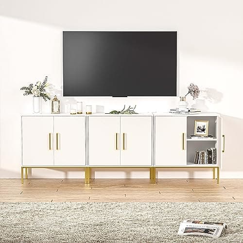 LYNSOM 85 Inch TV Stand with 3 Cabinets for Living Room (White)