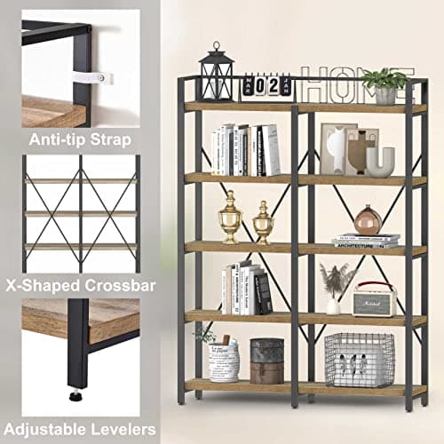 FATORRI Rustic Oak 5-Tier Bookshelf, 51" Wide