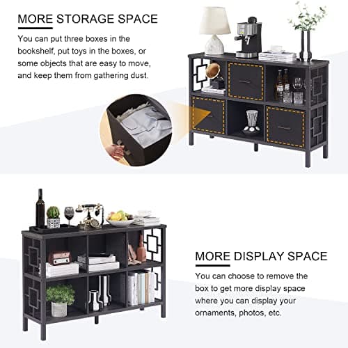Industrial Cube Storage Organizer with Foldable Bins, Metal Frame Bookshelf for Living Room and Office, Grey