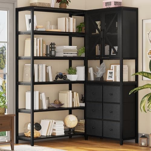 Industrial 6 Tier Bookshelf with Fabric Drawers - Large Corner L-Shaped Shelf - Rustic Brown