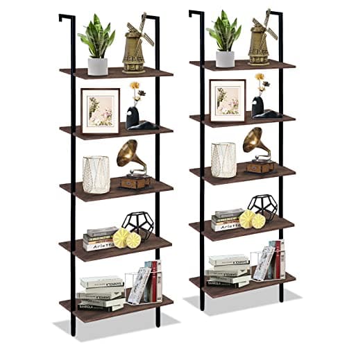 Industrial Brown 4-Tier Metal Bookshelf with Wall Mount Storage Rack