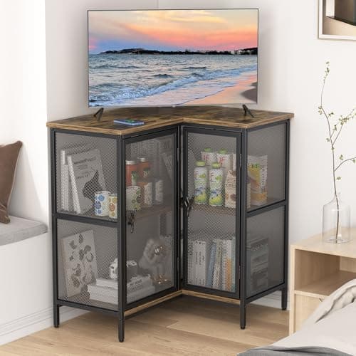 VECELO 40-Inch Corner TV Stand with Storage Shelves - Farmhouse Entertainment Center for Living Room and Bedroom, Brown