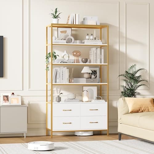 HITHOS 5 Tier Modern Wood Bookshelf with Drawers, 71" Tall Storage Cabinet