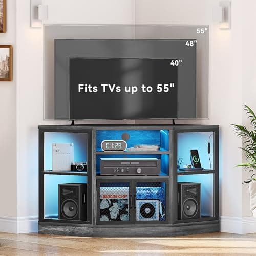 Modern Corner TV Stand with LED Light and Storage Cabinets, Dark Grey 47 Inch
